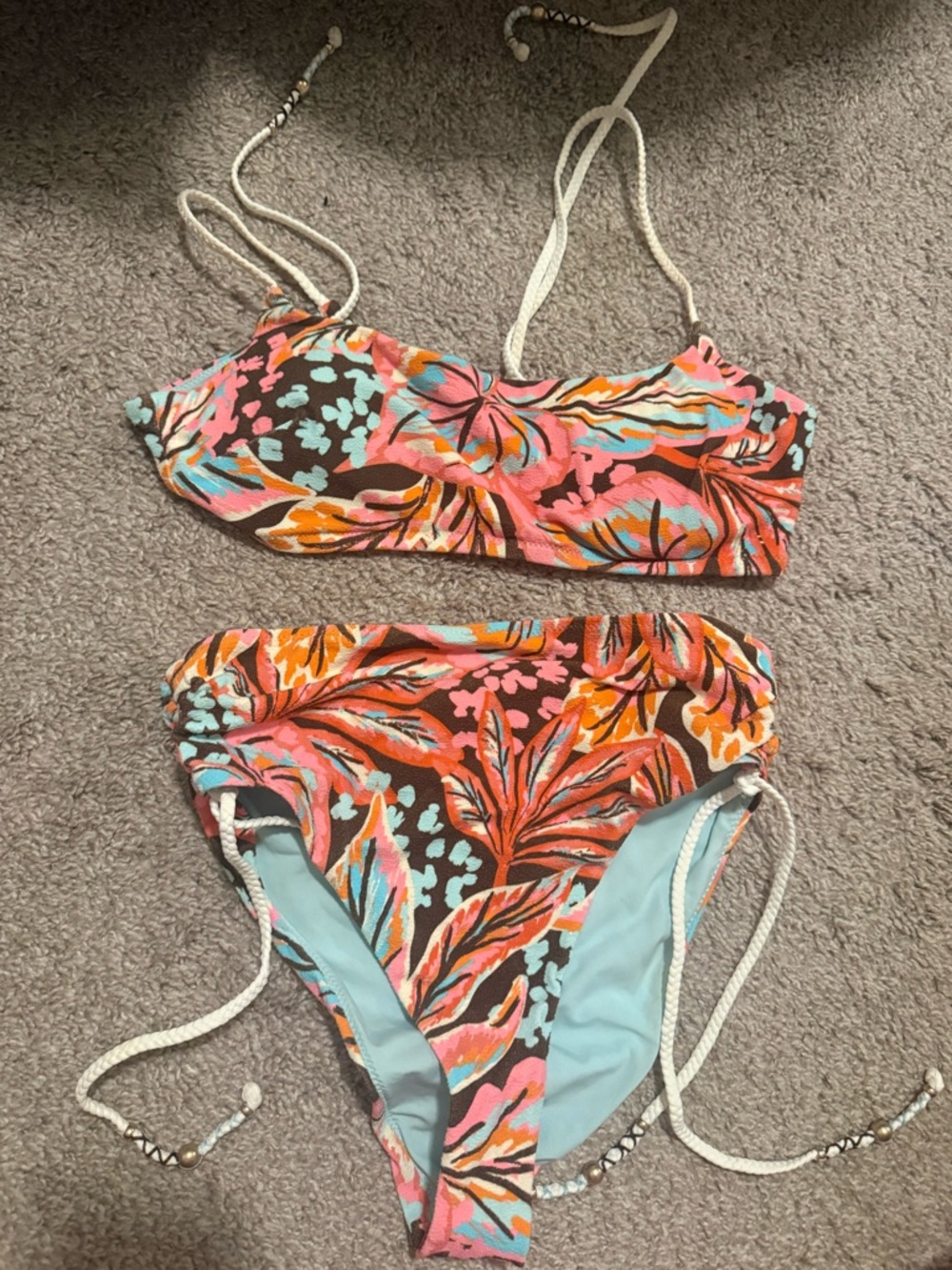 aerie Floral Print Bikini Top in Aqua, Coral & Brown